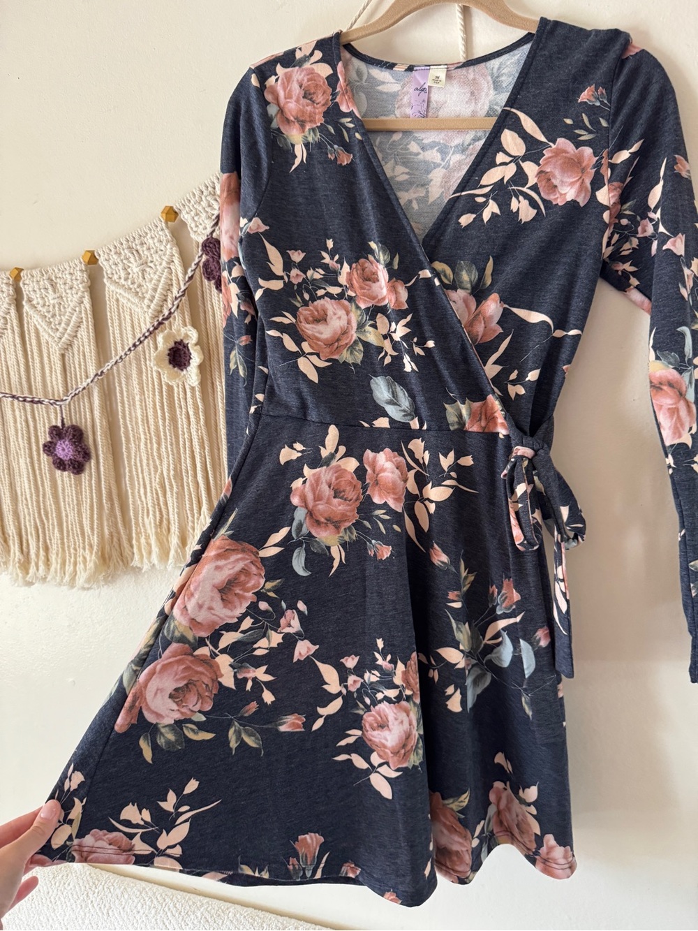 Alya Charcoal Wrap Dress with Dusty Rose Floral Print